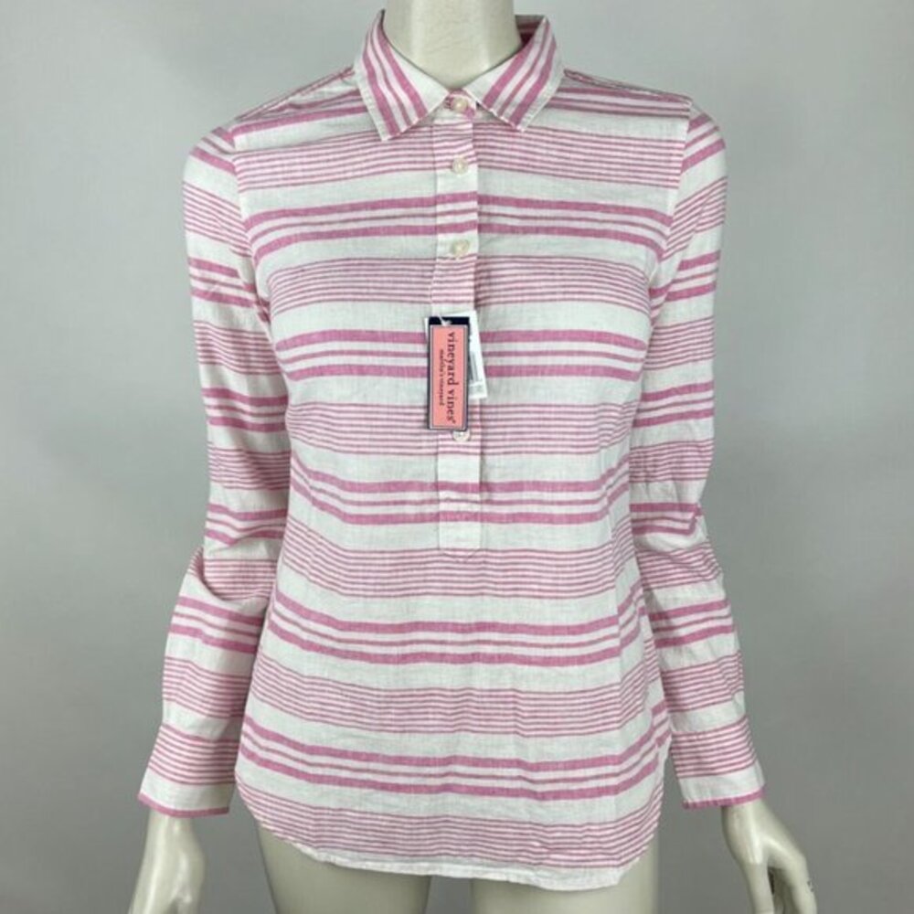 Vineyard Vines Bungalow Stripe Popover Shirt Women 0 NWT Long Sleeve LinenCotton